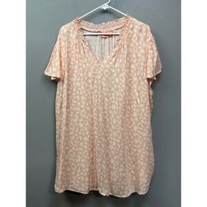 EVRI Blouse Womens 3X Peach Animal Print Smocked V-Neck Short Sleeve Casual Top